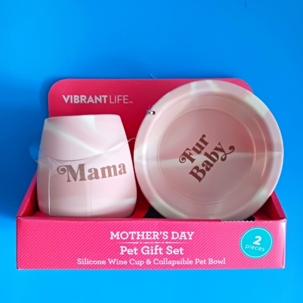 Mama & Fur Baby Silicone Wine Glass and Dog Bowl Gift Set